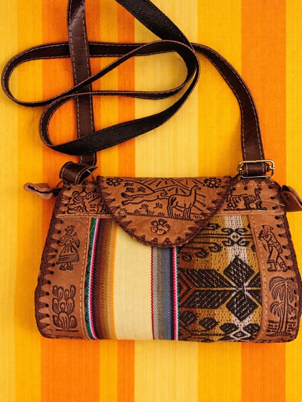 Artisan Brown Leather & Multi-Stripe Crossbody Bag